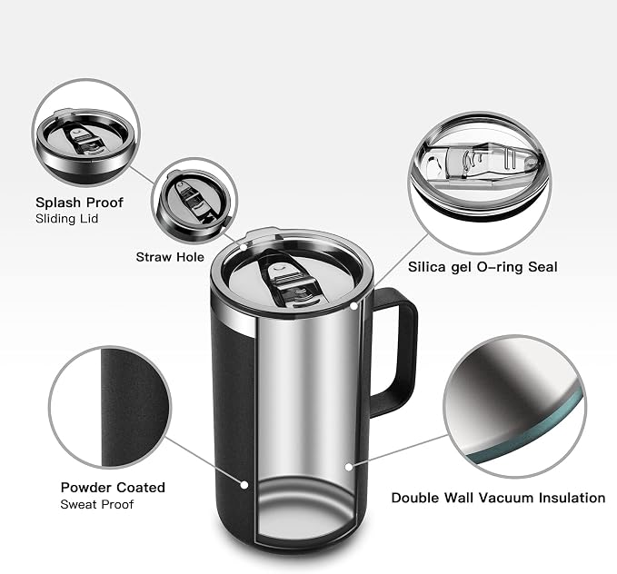 KXIAOCHEN 2-Pack 20 oz Insulated Coffee Mugs, Coffee Cups with Wide Handles | 18/8 stainless steel, sliding lids, 6+ hours hot or 12+ hours cold, wide mouth, no-sweat, for office, home, camping and gifts
