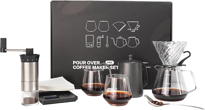 Pour Over Coffee Maker Set Includes Coffee Scale & Manual Coffee Grinder | Complete Pour Over Drip Coffee Set, Glass Coffee Carafe and V60 Drip Coffee Filter, Ideal Coffee Set for Birthday Gift