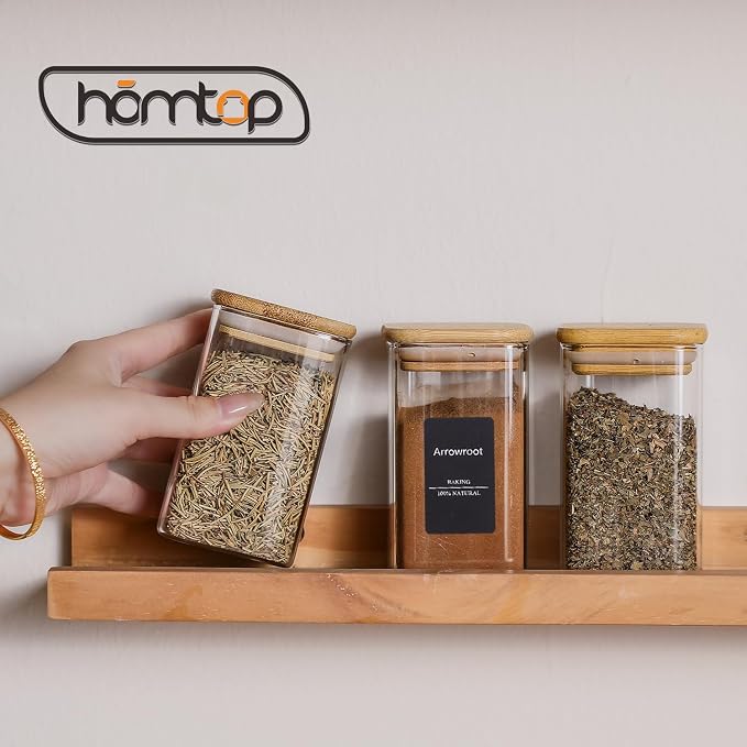 12Pcs 9oz Spice Jars Glass Container with 275 Labels, Airtight Seasoning Empty Organizer with Bamboo Lid Set for Food Storage, Salt, Sugar | Airtight Seasoning Empty Containers with Bamboo Lid Set for Pepper, Salt