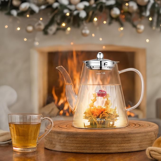 Glass Teapot, 1200ml (40oz) Tea Pot with Infuser for Loose Tea and Blooming Tea, Stovetop Safe Tea Kettle, Hand Crafted Borosilicate Glass Tea Maker with Scale Line, Tea Gift Set for Tea Lovers