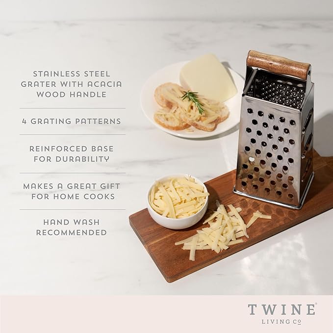Twine Acacia Wood Handled Cheese Grater, Stainless Steel Grater, Citrus Zester, Reinforced Base, Vintage Kitchenware