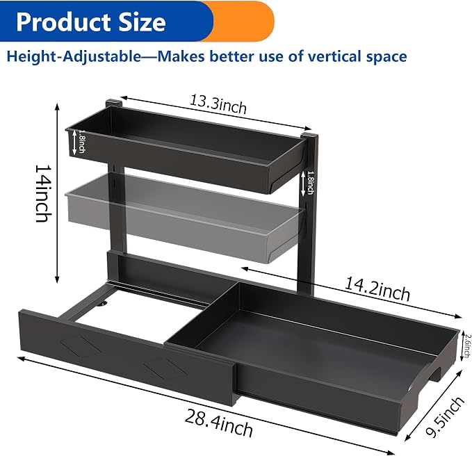 BLULEE 2 Pack Under Sink Organizer, Adjustable Pull Out Storage Rack | L-Shaped Set of 2 Sliding Bathroom Vanity & Kitchen Shelf, Bypasses Pipes, Heavy Duty Metal Frame Fits Tall Bottles
