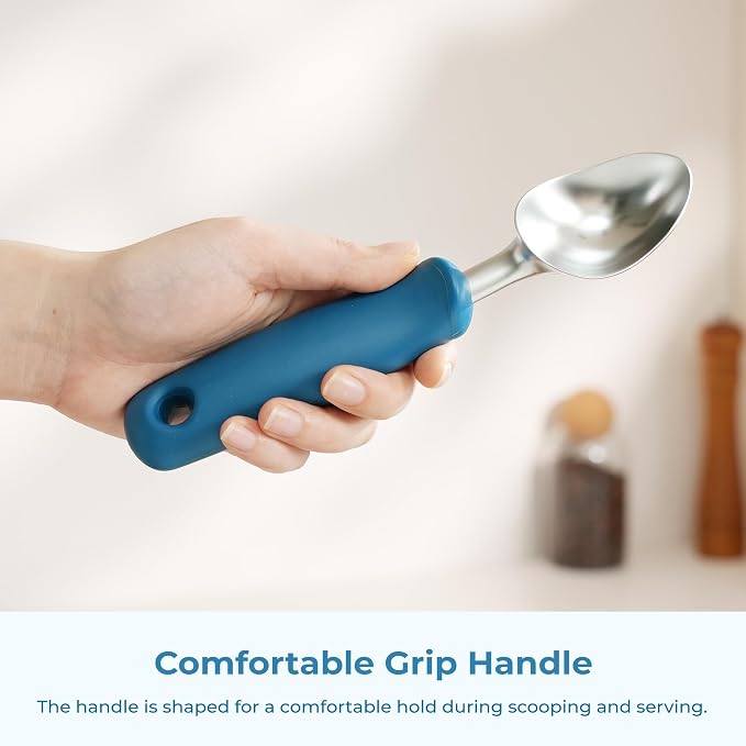 OOU Ice Cream Scoop, Stainless Steel Dessert Scoop with Premium Zinc Alloy Construction, Comfortable Ergonomic TPE Non-Slip Grip Handle, Blue