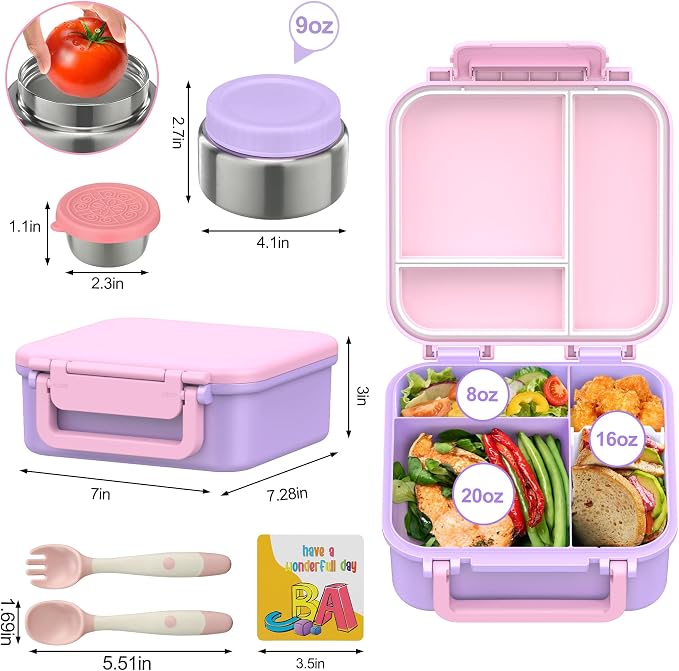 Kids Bento Lunch Box with 9oz Soup Thermo Leakproof Lunch Food Containers 4 Compartment with Insulated Hot Food Jar for Kid Toddler Girls Boys to School Trvael
