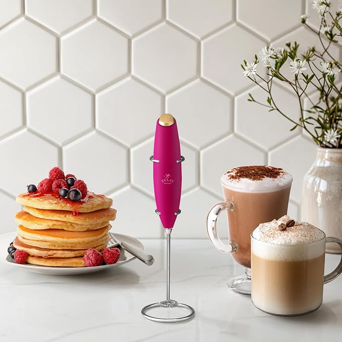 Zulay Kitchen Powerful Milk Frother Wand With Duracell Batteries - Ultra Fast Handheld Drink Mixer - Electric Whisk Foam Maker for Coffee, Lattes, Cappuccino & Matcha - Z1 Motor - Hot Pink Gold