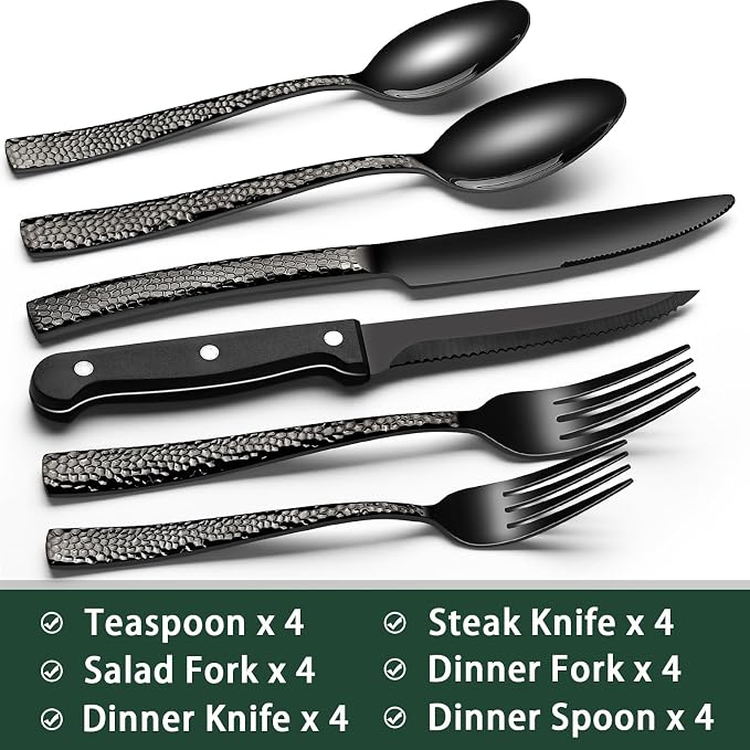EWFEN 24-Piece Black Silverware Set with Steak Knives, Black Flatware Set for 4, Food-Grade Stainless Steel Tableware Cutlery Set, Mirror Finished Utensil Sets for Home Restaurant, Wave Hammered