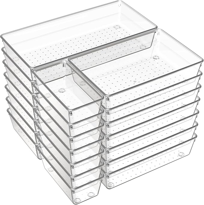 21 Pack Large Clear Plastic Drawer Organizer Trays | BPA-Free Acrylic Organizer Bins for Large Kitchen Utensils, Bathroom, Makeup, Jewelries, Office Desk, School Supplies, Perfume