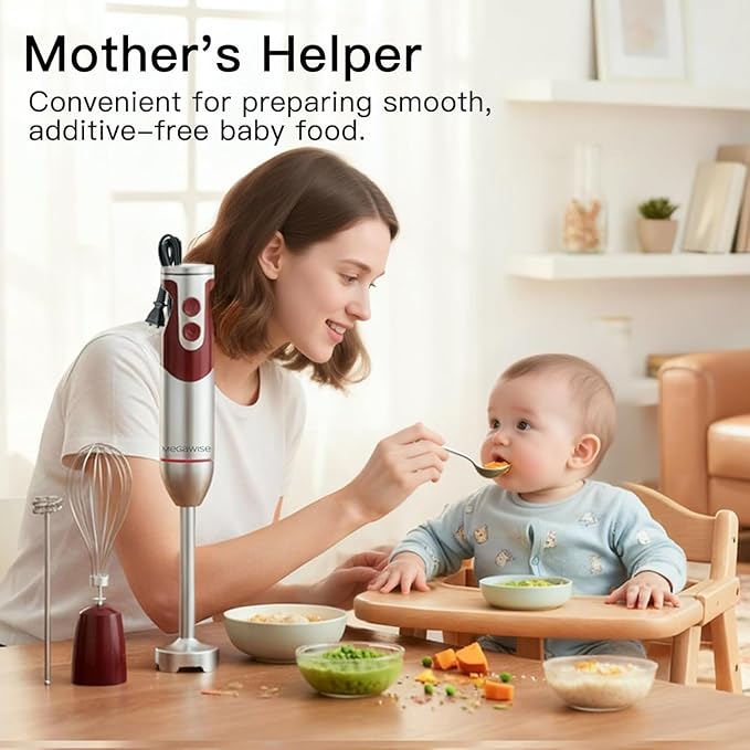 MegaWise Pro Titanium Reinforced 3-in-1 Immersion Corded Hand Blender, Powerful MOTOR with 80% Sharper Blades, 12-Speed Corded Blender, IncludingWhisk and Milk Frother (3-in 1 Red)