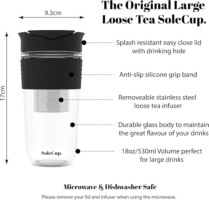 Large Travel Mug Loose Tea Infuser - Detachable Tea Strainer with Spill Proof Lid - 18oz/530ml BPA-Free Reusable Glass Travel Coffee Cup with Silicone Band (Black, 18oz)