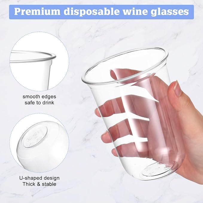 Ziliny 100 Pcs 16oz Plastic Stemless Wine Glasses Disposable, Clear | Plastic Wine Glasses for Parties Weddings Birthdays, Cocktail Drinking Cups, Round Bowl, Bulk Event Supplies