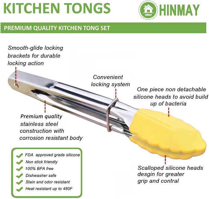 HINMAY 7-Inch Mini Tongs with Silicone Tips, Set of 3 (Yellow) | 7-Inch Small Serving Tongs