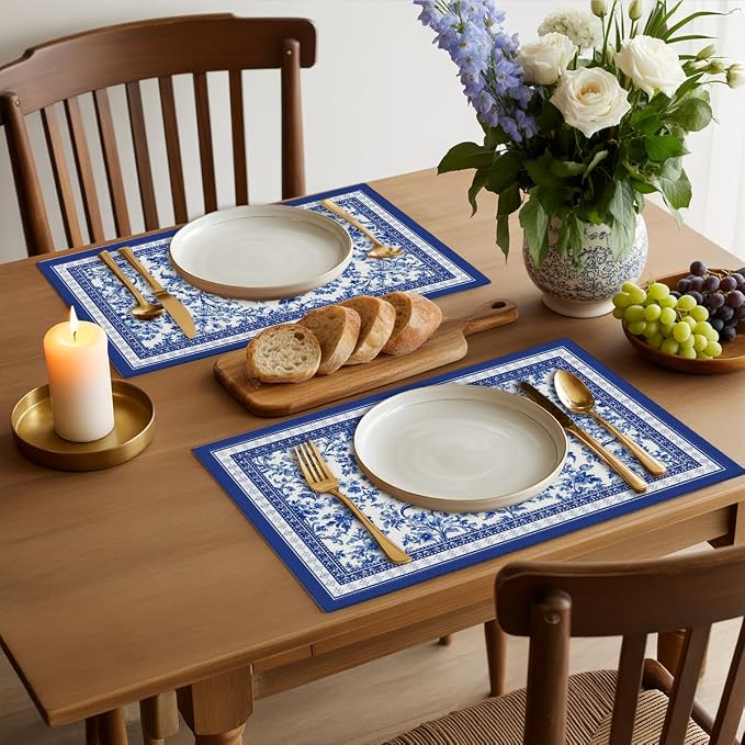 Blue Floral Branches Linen Placemats Set of 4, Chinoiserie Table Mats | Washable Non-Slip Heat Resistant Linen Fabric Rectangle Place Mats for Indoor Outdoor Party Kitchen Dining Decor 12 x 18 Inch
