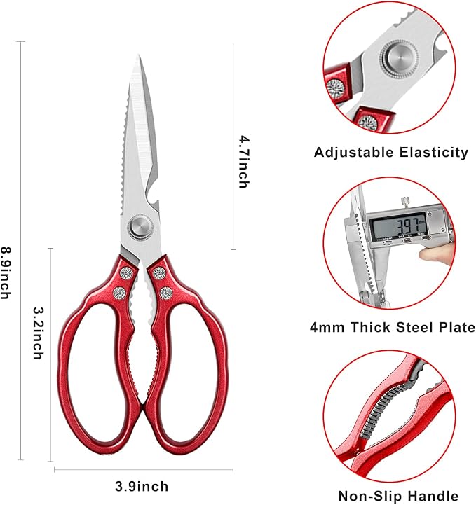 AWinjoy Heavy Duty Sharp Kitchen Scissors, Dishwasher Safe, Cooking Shears for Meat, Chicken, Fish, Poultry, Herb, Bread (Red)