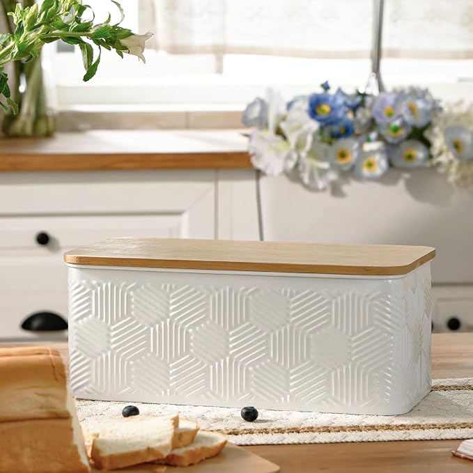 Large White Hexagon Stripe Embossed Bread Box with Bamboo Lid | Corner Breadbox for Homemade Bread, Metal Bread Storage Container Bin for Kitchen Countertop