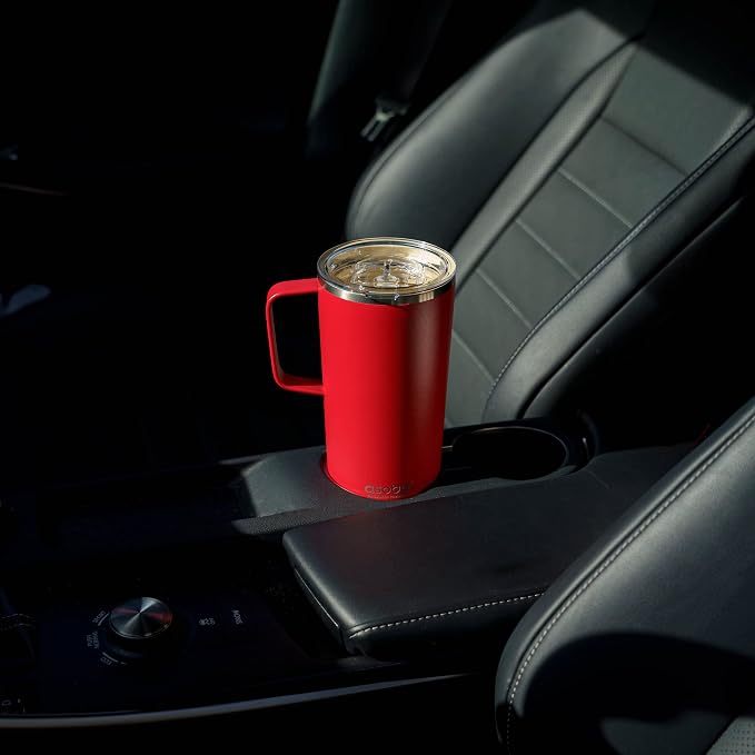 asobu Tower Mug Ceramic Inner Coated Insulated Stainless Steel Cup for Pure Tasting Coffee with Easy Hold Handle and Tritan Lid Fits Standard Cup Holders 20 Ounce Travel Mug