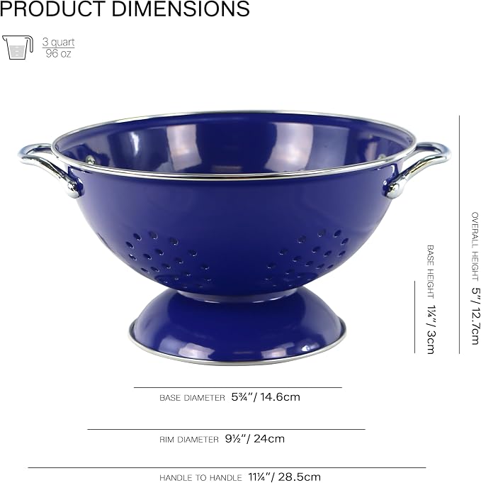 Reston Lloyd, 3 Quart Powder Coated Steel Kitchen Strainer Basket for draining Pasta, Vegetable and Fruit, Chrome Handles and Wide Stable Base, Indigo
