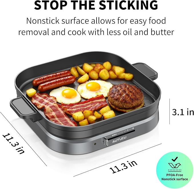 Nonstick 2-in-1 Electric Griddle & Flat Grill, High Power 1200W | PFOA-Free Surface, Tongs Included, Easy to Clean
