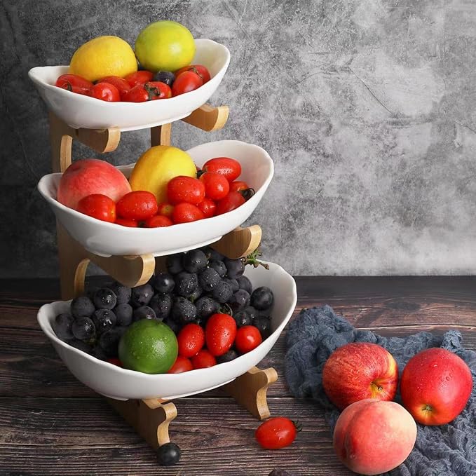SEVEN SPARTA Fruit Bowl for Kitchen Counter - 3 Tier Ceramic Serving Bowls with Bamboo Stand, Tiered Fruit Basket for Fruit Vegetable Storage, Cake, Dessert, Nuts, Snack, Salad (Dishwasher safe)