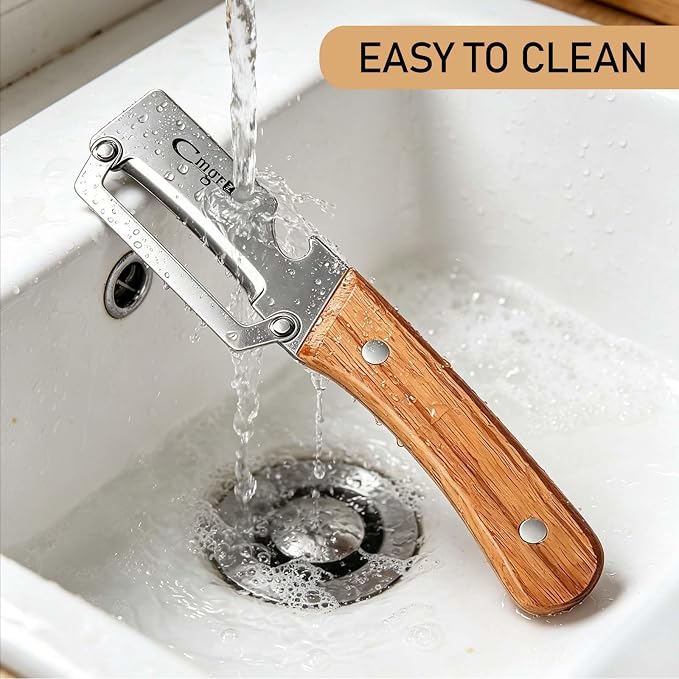 Left-Handed Vegetable Peeler Wooden Stainless Blade for Fruit Potato | Multifunctional,Thickened Sharp Stainless Blade,Anti-slip,Zero Snag,Built-in Bottle Opener for Carrot Pumpkin Sugarcane