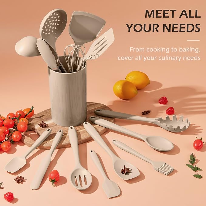 Homikit 15-Piece Kitchen Cooking Utensil Set, Silicone Utensils with Holder | Kitchen Gadgets Tools include Slotted Spatula Ladle Turner for Nonstick Cookware, Heat Resistant & Dishwasher Safe, Khaki