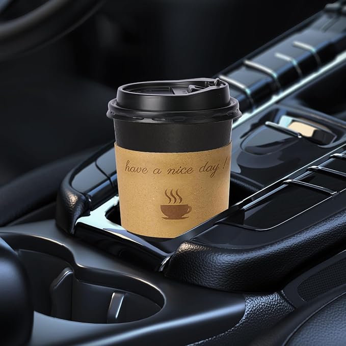 BYSNOW 100 pack 10 oz Disposable Coffee Cups with Lids Black To Go Cups | To Go Coffee Cups with Lids, Sleeves and Stirring Sticks, for Home, Office, Cafes and Party (Black 10oz)