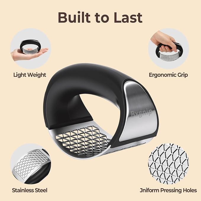 Garlic Press Rocker, Stainless Steel with Triangular Holes | Effortless Squeeze for Weak Hands,Easy to Clean,Medium Size for Daily Home Cooking