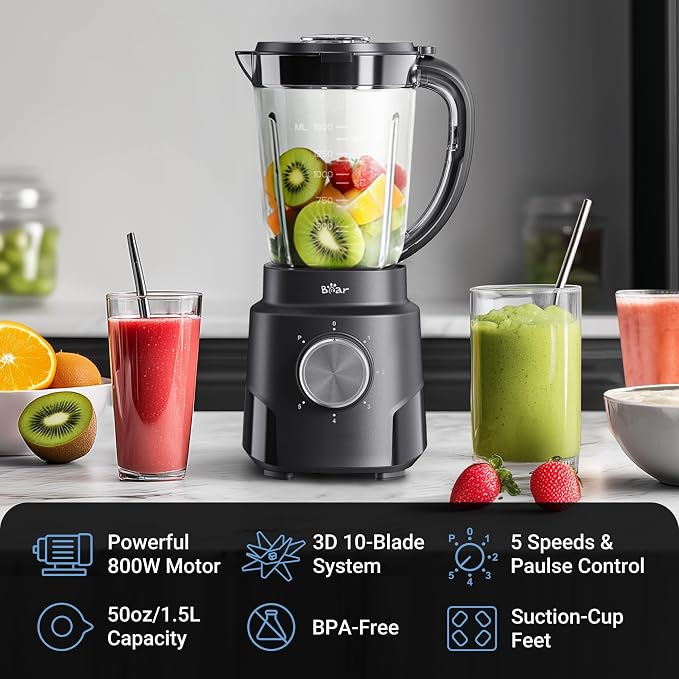 Bear 800W 6-Speed Blender, BPA-Free Smoothie Blender for Kitchen | 50oz(1.5L), Suction Feet, Feeding Hole, 10 blades, Countertop Blender for Smoothies, Crush Ice, Frozen Fruit, Juice and Puree