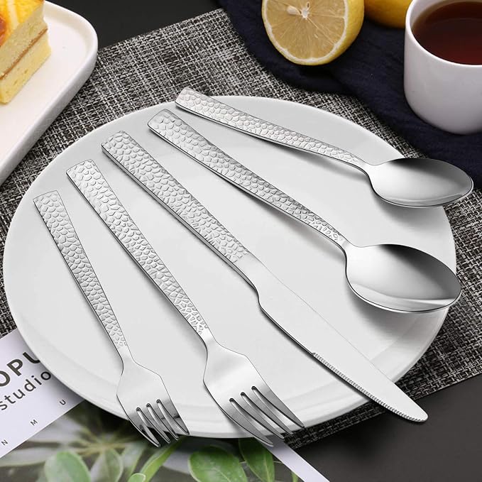 E-far Hammered Silverware Set for 8, 40 Pcs Stainless Steel Flatware Set | Includes Forks/Spoons/Dinner Knives, Cutlery Set for Home, Party, Wedding, Mirror Polished & Dishwasher Safe