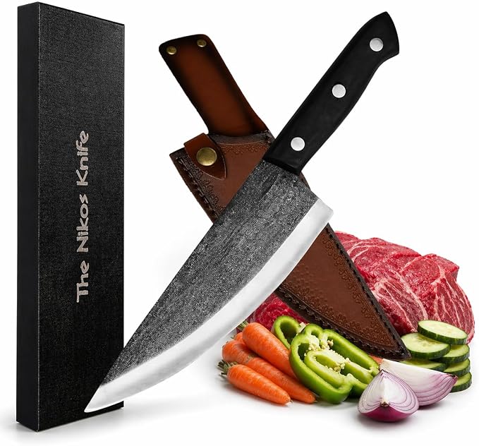 Chefs Knife - 8” Hand-Forged High Carbon Steel Full Tang Kitchen Knife With Wood Handle - Razor Sharp Knife For Kitchen with Leather Sheath