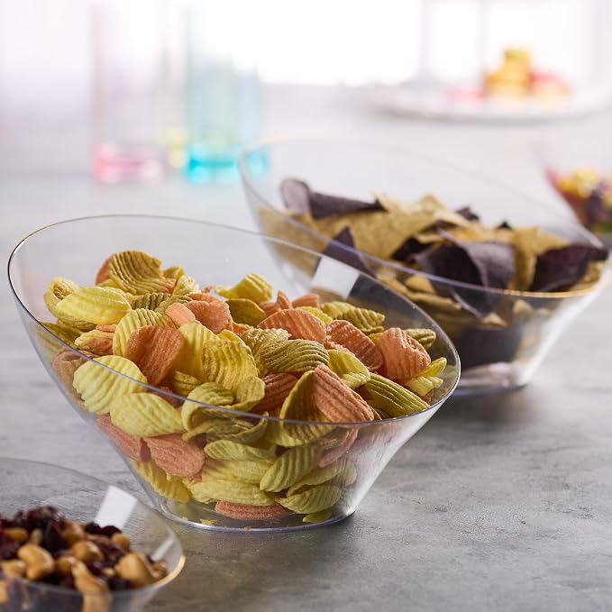 PLASTICPRO Angled Plastic Bowls Disposable Large Plastic Clear Serving Bowls with Gold Rim for Party for Appetizer Salads Pack of 4