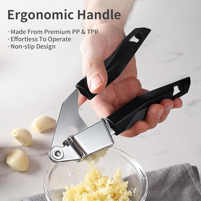 Garlic Press Stainless Steel, Manual Garlic Mincer for Kitchen Use | Easy to Squeeze and Clean, Rust Proof and Dishwasher Safe, 8.26-Inch, Black Garlic Crusher