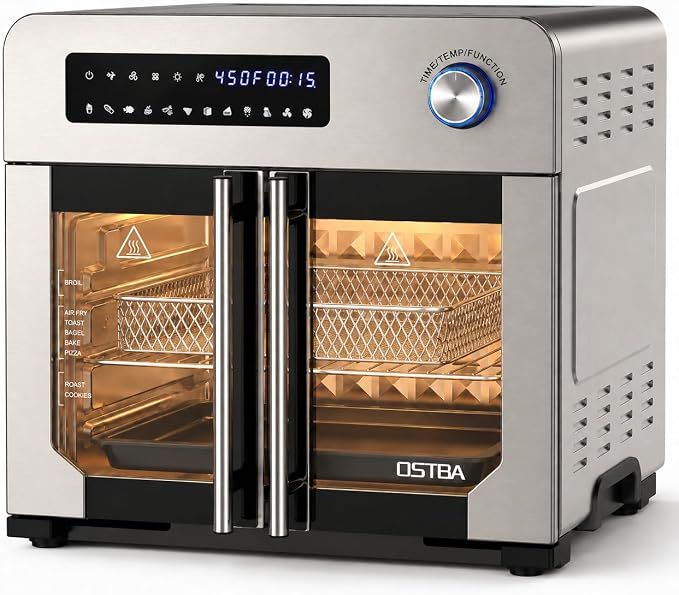 OSTBA French Door Air Fryer Toaster Oven Combo, 24QT 10-in-1 Oven | 1700W Heating, Adjustable Fan Speed, Rotisserie Function, 102-Recipe Book, Removable Crumb Tray, Stainless Steel Finish