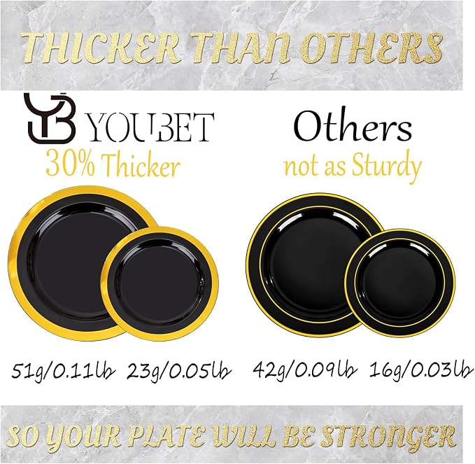 YOUBET 350PCS Black and Gold Plastic Plates for Party Wedding | Black Disposable Dinnerware Sets for 50 Guests - 100 Plastic Plates, 150 Gold Silverware, 50 Cups, 50 Pre Rolled Napkins