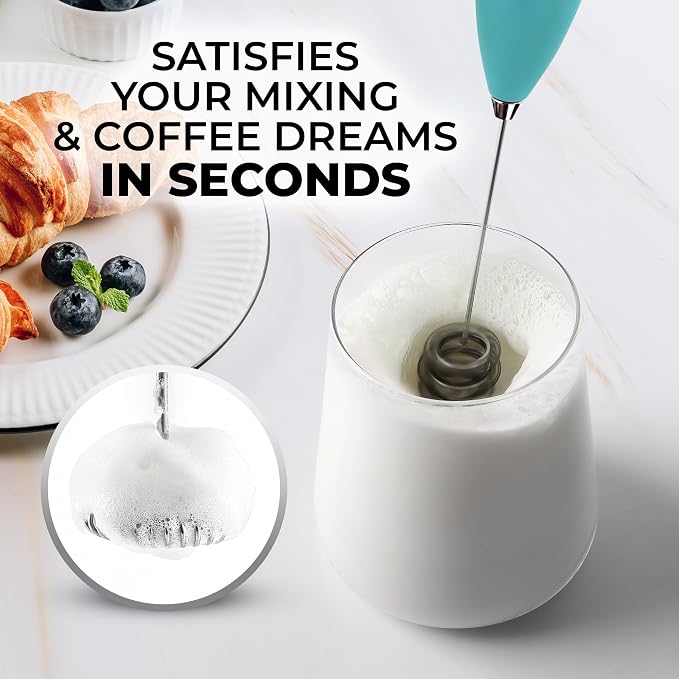 Zulay Kitchen Powerful Milk Frother Wand With Duracell Batteries - Ultra Fast Handheld Drink Mixer - Electric Whisk Foam Maker for Coffee, Lattes, Cappuccino & Matcha - Triple Whisk - Queen Turquoise