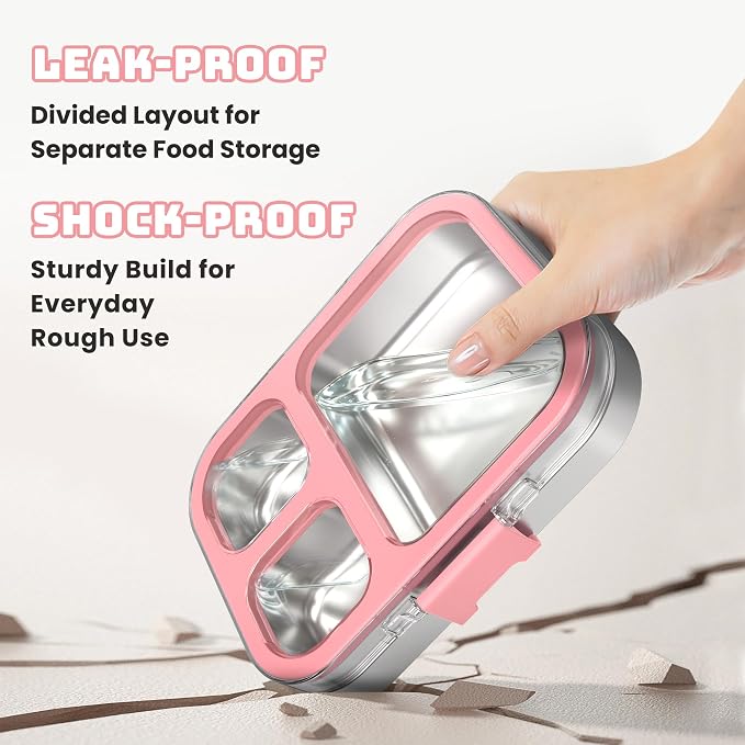 LOHASOK Stainless Steel Bento Lunch Box, 800ml, Pink | 3-Compartment, Leak Proof, Lightweight, Clear Plastic Lid, for Kids Adults, BPA/BPS Free, Dishwasher Safe