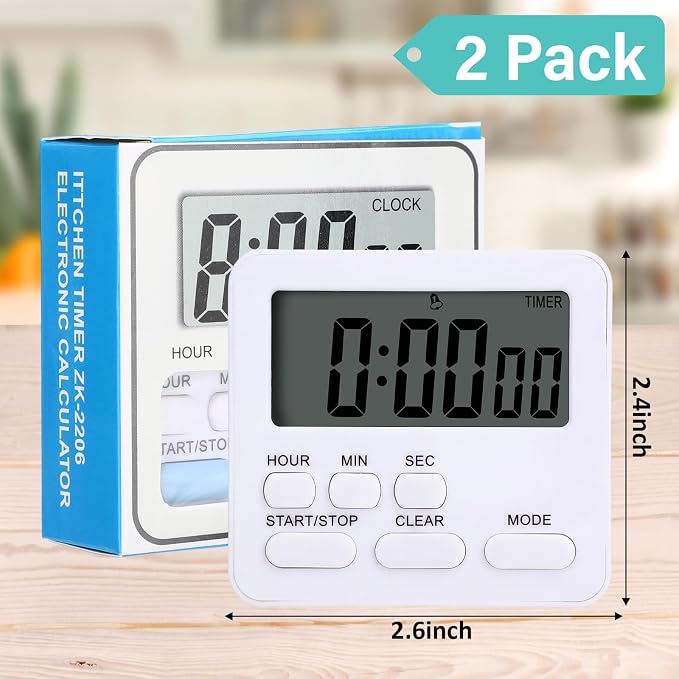 Leumoi 2 Pcs Digital Kitchen Timer 24 Hour Clock and Alarm Function Timer On/Off Switch Minute Second Count up Countdown Loud Alarm for Exercise Cook Baking(White)