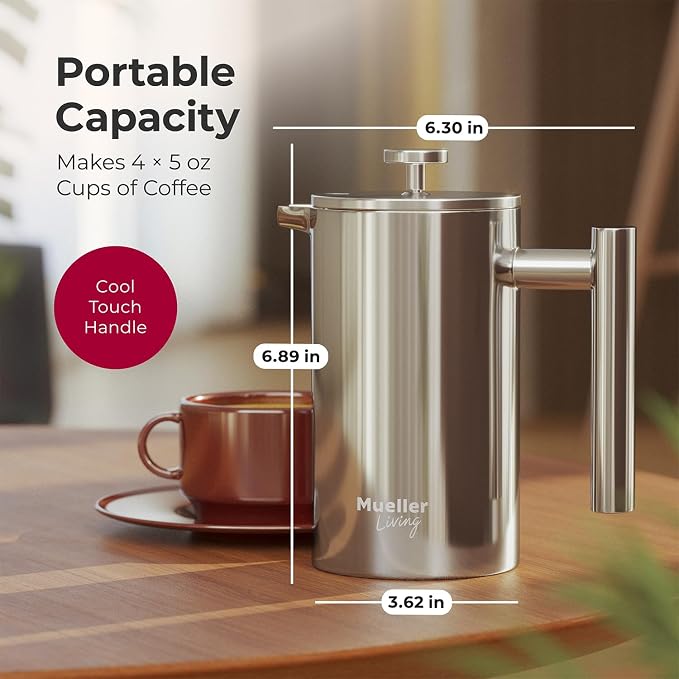 MuellerLiving French Press Coffee Maker 20oz, Stainless Steel French Press Coffee, 4 Filter Heat Resistant Double Insulated, Rust-Free, Food Grade, Dishwasher Safe Coffee Pot | 20oz | Stainless Steel | 4 Filter Heat Resistant Double Insulated | Rust-Fr...