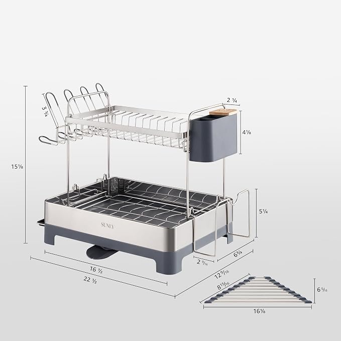 Large Dish Drying Rack, Multipurpose 2 Tier Dish Racks for Kitchen Counter, 304 Stainless, Extra Large Drain Board, Gray