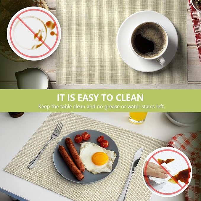 AUAUY Placemats Set of 6, Non-Slip Heat Resistant Table Mats, Beige | 6pcs PVC Vinyl Woven Table Placemats Washable for Kitchen Dinning Restaurant, Farmhouse