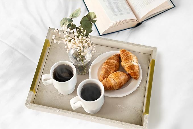 HofferRuffer Faux Leather Serving Tray with Gold Metal Handles, Stylish Decorative Tray Organizer for Coffee Table, Ottoman, Home Decor and Serving (LightGrey Shagreen, 16.2" x 12.2" x 2")