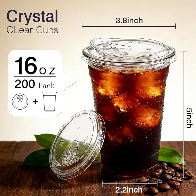 200 Pack 16 oz Clear Plastic Cups with Sip Lids for Iced Coffee Cold Drink | Disposable, To Go, Crystal, BPA-Free, Smoothie, Dirty Soda, Lemonade, Bar Accessories, Strawless, Leak Proof, Party, Bulk