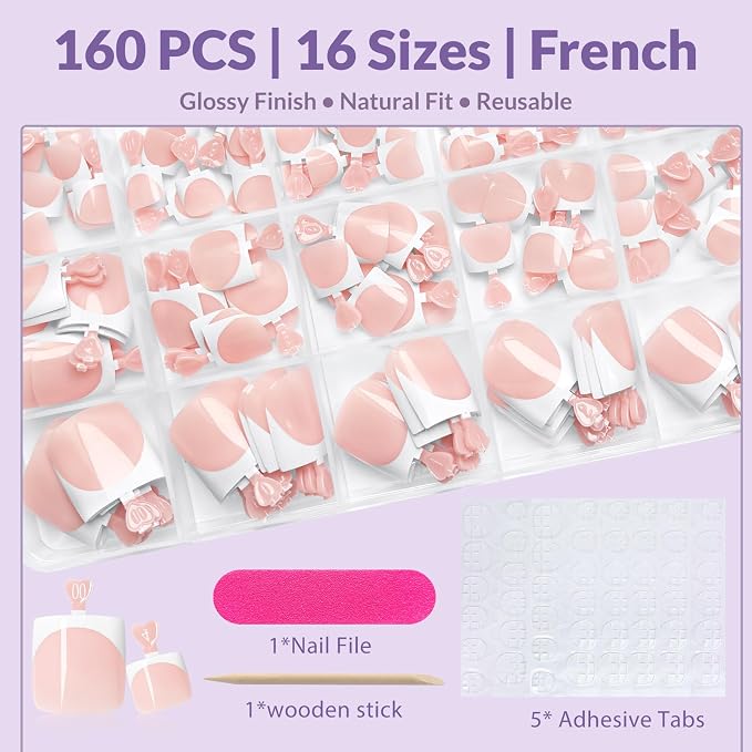 160pcs French Tip Toe Nail Press ons - Nude Press on Toenails for Women, Full Cover Toe Press on Nails with Adhesive Tabs, Fake Toenails Tips