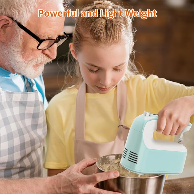 Yomelo 9-Speed Digital Hand Mixer Electric, 400W Powerful DC Motor, Hand Mixer Electric Handheld with Snap-On Storage Case, 5 Stainless Steel Accessories, Beaters, Dough Hooks, Whisk(Ice Blue/White)