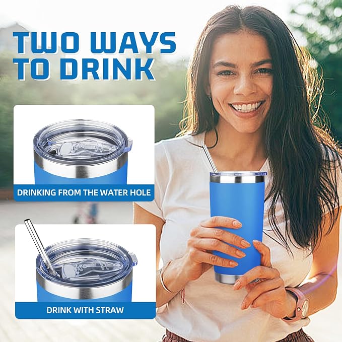 20 oz Tumbler with Lids and Straws, Stainless Steel Insulated Travel Coffee Mug, Double Wall Vacuum Insulated Tumblers, Powder Coated Coffee Tumbler for Cold & Hot Drinks (Sea Blue, 4 Pack)