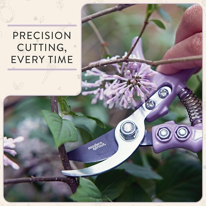 Modern Sprout Bypass Hand Pruners - Scissors - Gardening Tools - Lavender | Lightweight Pruning Tool W/ Easy-Lock - Sharp Bypass Carbon Steel Blade - Rust-Resistant - Reusable Holster for Storage