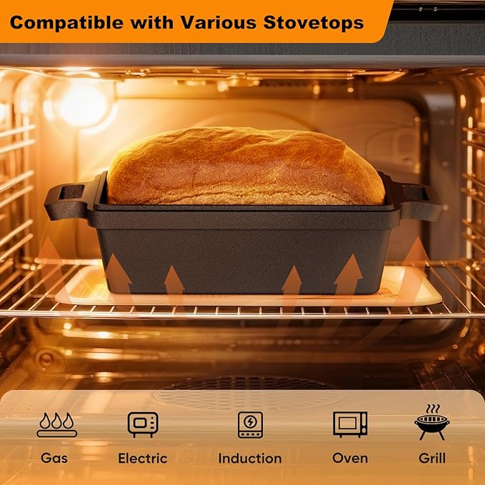 9×5 Inch Cast Iron Loaf Pan with Lid, 2 Pack Bread Pans for Baking | Premium cast iron loaf pan & bread pan set evenly distributes heat for crisp bread crusts. Multi-cooker compatible