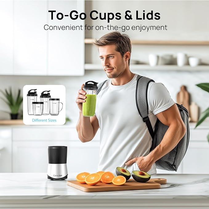 Consciot 16-Piece Blender & Grinder Combo for Kitchen and Personal Size | Blend Shakes & Smoothies, Frozen Drinks, Baby Food, Spreads & More, 4 BPA-Free Portable To-Go Cups & 4 Lids, 900 Peak Watts