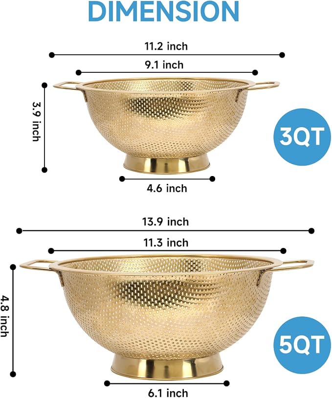 2PCS Gold Strainer for Kitchen, 3QT and 5QT, Stainless Steel Colander with Handle for Fruits Vegetables Cooking Food, Dishwasher Safe