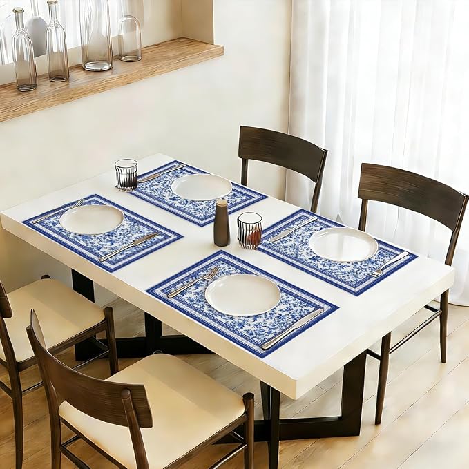 Blue Floral Branches Linen Placemats Set of 4, Chinoiserie Table Mats | Washable Non-Slip Heat Resistant Linen Fabric Rectangle Place Mats for Indoor Outdoor Party Kitchen Dining Decor 12 x 18 Inch