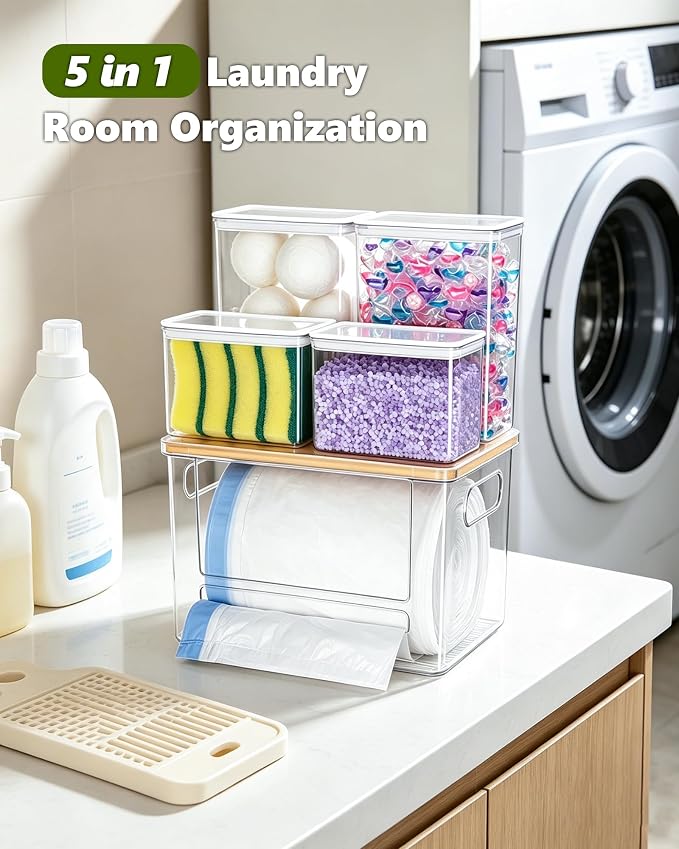 iCASA 5 in 1 Trash Bag Holder Dispenser Dishwasher & Laundry Pods Container | Large Stackable Under Sink Organizer Garbage Bag Dispenser for 13/30/33 Gallon Bags, Kitchen Pantry Clear Storage Bins